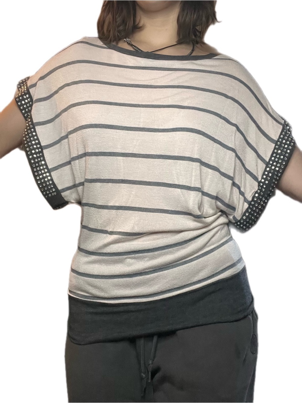 VENUS Cream & Gray Striped Dolman Top with Studded Trim